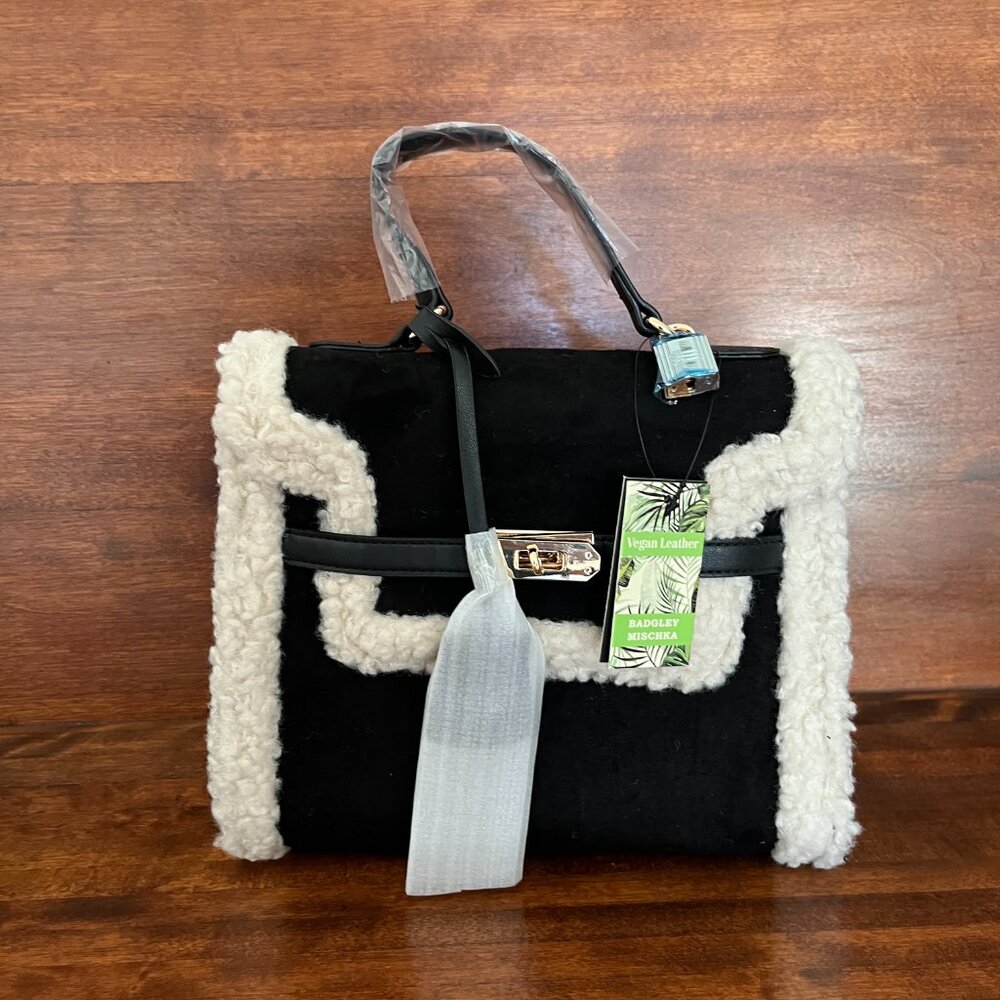 Badgley Mishka Faux Suede/Fur Border Lock Vegan Leather Satchel Purse Bag New